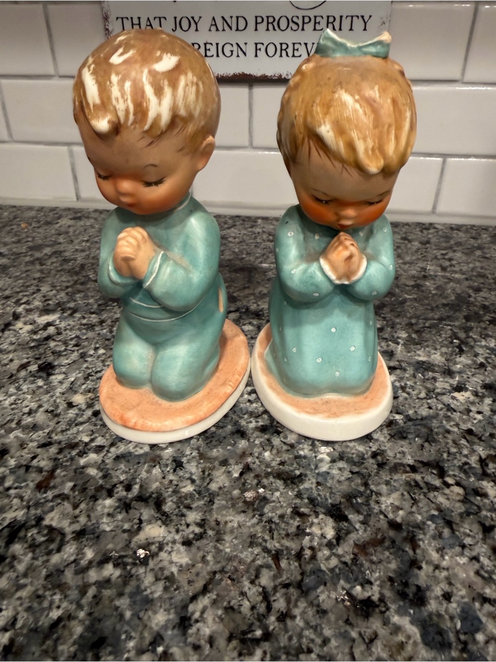 Goebel Praying Boy and Girl Figurine Pair in Teal and Cream